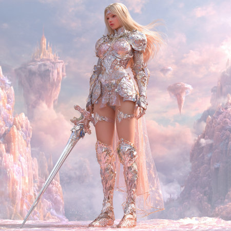 3D rendering of a pretty fantasy warrior girl in silver armor and sword.の素材