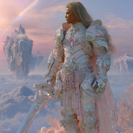 3d illustration of a fantasy warrior with a sword in the skyの素材