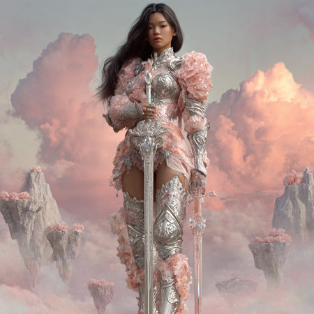 3D rendering of a beautiful asian woman in fantasy armor with swordの素材