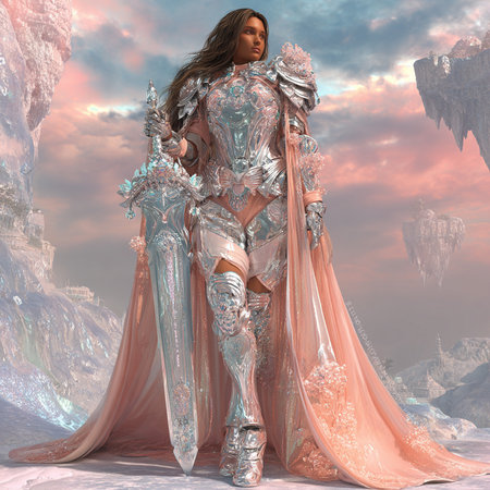 3D rendering of a fantasy warrior woman in a futuristic landscape.の素材