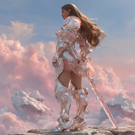 3D illustration of a female warrior with sword and armor in the skyの素材