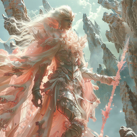 3D rendering of a fantasy warrior woman in a fantasy landscape.の素材