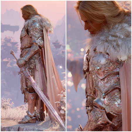 Medieval woman warrior in armor and with sword. Comparison of eras.の素材