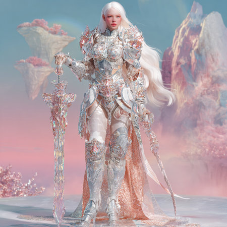 3D rendering of a fantasy warrior with a sword in her handsの素材