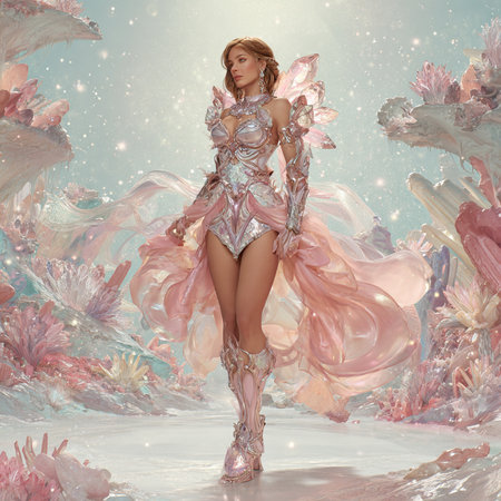 3D illustration of a beautiful girl in a fantasy silver dress.の素材