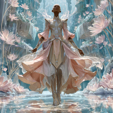 3D rendering of a beautiful woman in a fantasy dress and flowersの素材