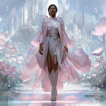 Fantasy landscape with a beautiful African American woman in a pink dress.の素材