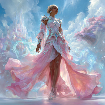 3D Illustration of a beautiful woman in a fantasy dress.の素材