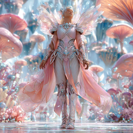 3D rendering of a fairy in a pink dress with wings.の素材