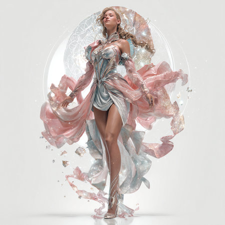 Beautiful young woman in a flying dress. 3d rendering.の素材