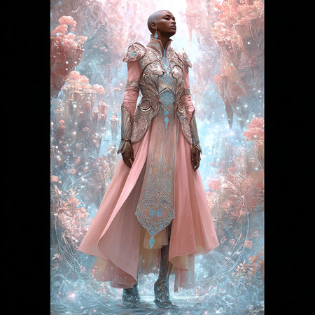 3D illustration of a beautiful woman wearing a fantasy dress with crystalsの素材