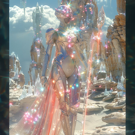 3D illustration of a fantasy alien woman in the background of the mountainsの素材