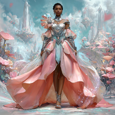 3D illustration of a beautiful African American woman in a fantasy dress.の素材