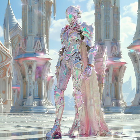 3D rendering of a female robot in front of a fantasy portalの素材
