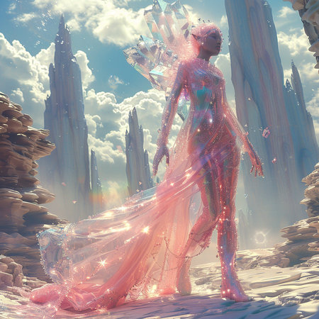 Fantasy landscape with a woman in a transparent dress. 3d renderingの素材
