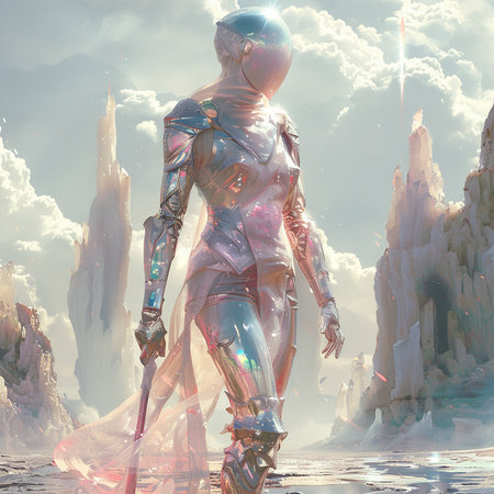 Cyborg woman in futuristic landscape. 3d illustration. Fantasy.の素材