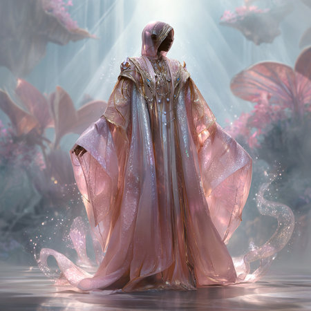 Mysterious fantasy scene with a woman in a pink dress.の素材