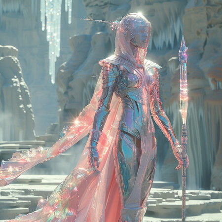 3D illustration of a fantasy alien woman with a sword in her handの素材