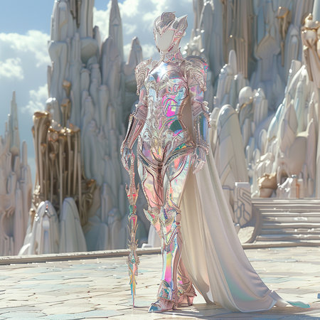 3D rendering of a female alien in a futuristic landscape setting.の素材