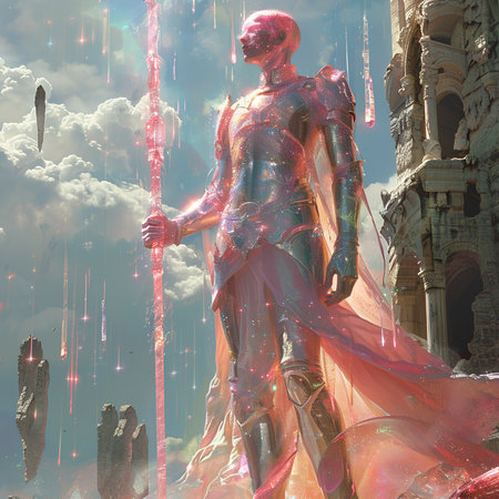 Fantasy scene with a man on the background of an ancient templeの素材