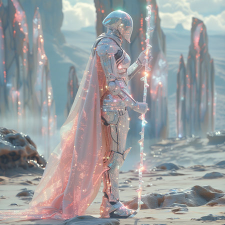 3D rendering of a female robot in fantasy landscape with glowing lightsの素材
