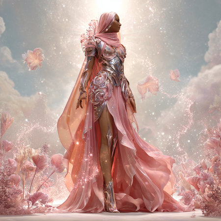 Beautiful asian woman with pink veil in fantasy landscape. 3d renderingの素材