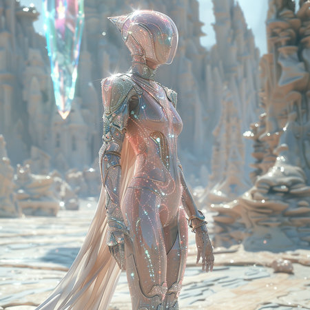 3D rendering of a fantasy alien woman in a futuristic setting.の素材