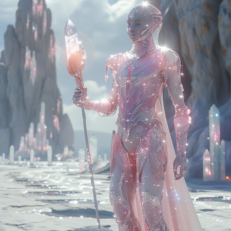 3D rendering of a female figure in a fantasy landscape with mountainsの素材