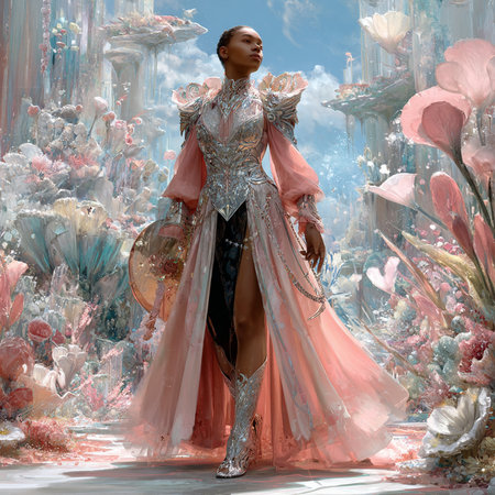 Fashion model posing in a fantasy landscape. 3d rendering.の素材