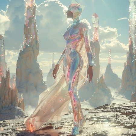 3D rendering of a female robot in a futuristic space landscape.の素材