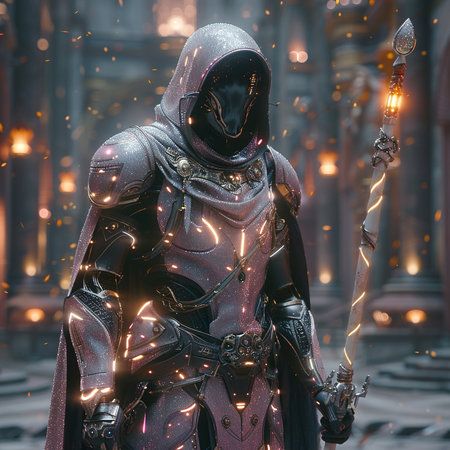 3d illustration of a futuristic knight with a sword in his handsの素材