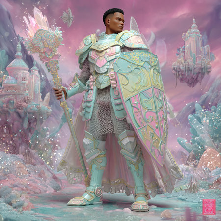 3D rendering of a fantasy knight with a sword in his handの素材