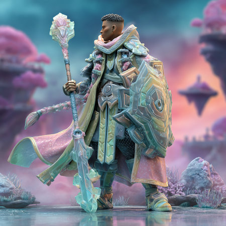 3d rendering of a fantasy warrior with a spear in his handの素材