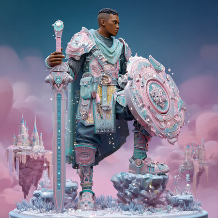 A medieval knight with a sword in his hand. 3D rendering.の素材