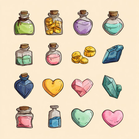 Set of hand drawn doodle magic potion bottles and hearts. Vector illustration.の素材