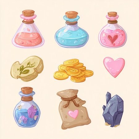 Hand drawn vector illustration of a set of cartoon magic potion bottles.の素材