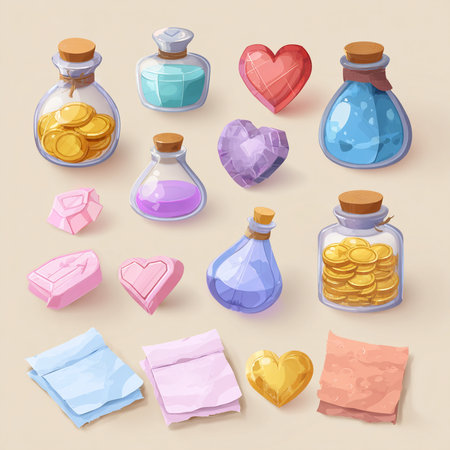 Set of cartoon vector colorful glass bottles with magic potion, hearts, paper sheets.の素材