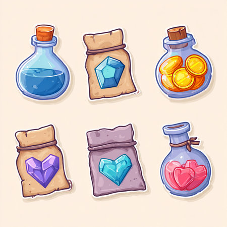 Illustration of a set of cartoon magic potion bottles with magic stonesの素材