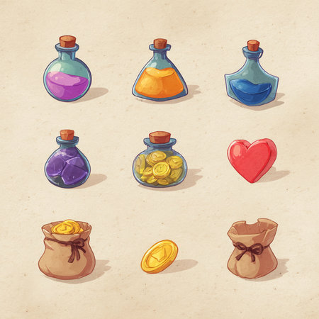 Illustration of a set of colorful magic bottles with gold coins and heartsの素材