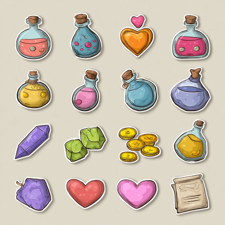 Set of colorful magic potion icons. Vector illustration. Cartoon style.の素材
