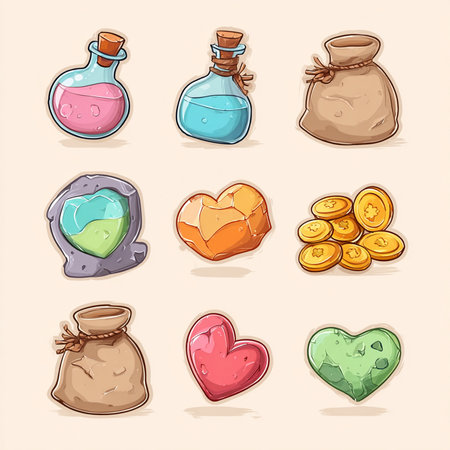 Illustration of a set of cartoon doodle magic items.の素材