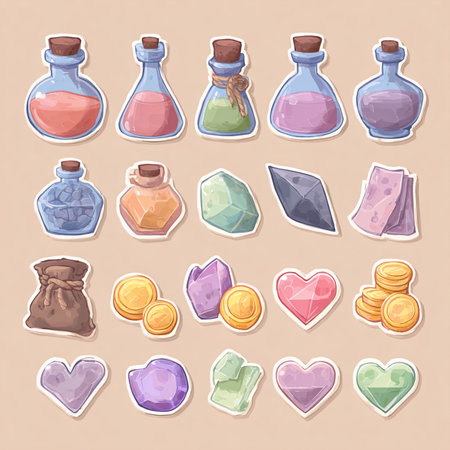 Set of colorful magic potion bottles with gems. Vector cartoon illustration.の素材