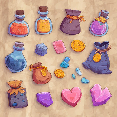 Hand drawn vector illustration of a set of different colorful magic potion.の素材