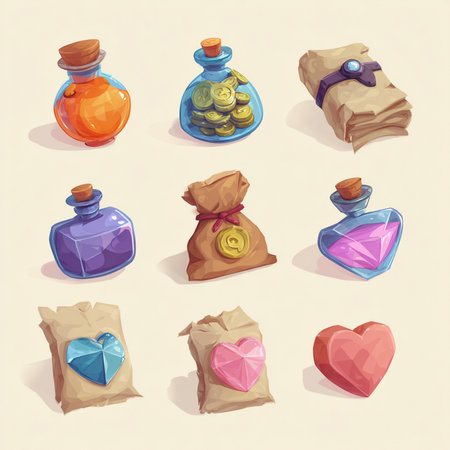 illustration of set of different colorful perfume bottles with hearts on itの素材