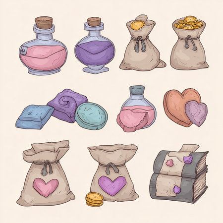 Illustration of hand drawn set of different perfume bottles and bags.の素材