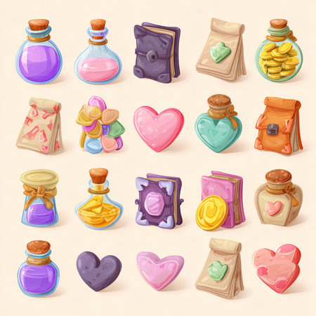 Set of cartoon vector illustrations of magic potion bottles, hearts and bagsの素材