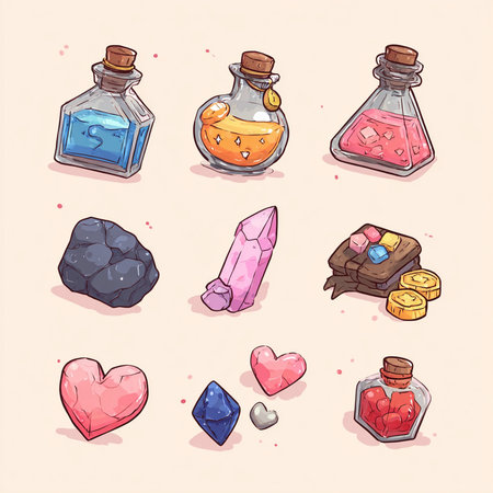 Hand drawn vector set of magic items: potion, love potion, crystals, heart.の素材