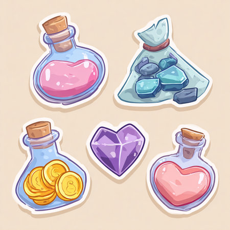 Set of stickers with magic potion, hearts and coins. Vector illustrationの素材