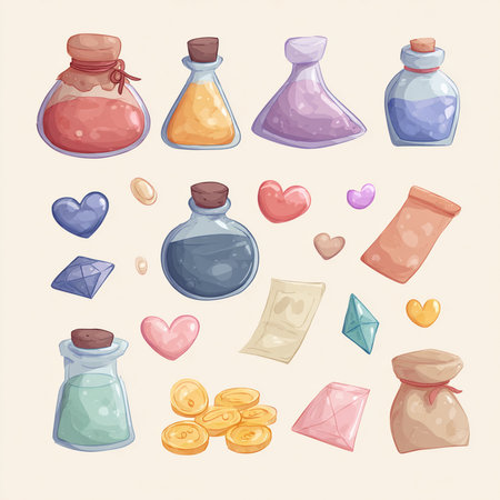 Illustration of a set of colorful magic potion bottles with different shapes.の素材