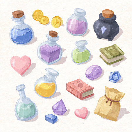 Illustration of a set of colorful magic potion in bottles and heartsの素材